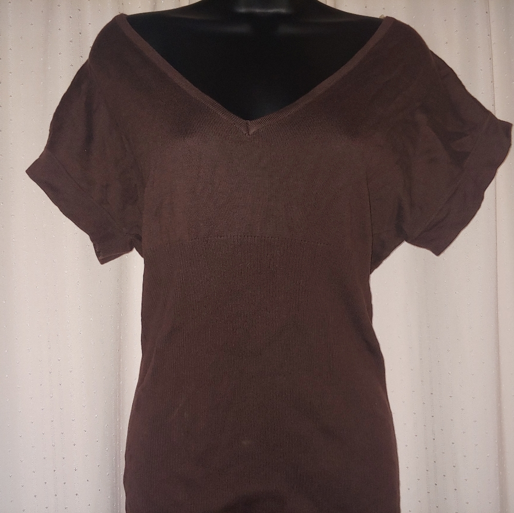 Dots Brown Short Sleeve V Neck Sweater Blouse XL